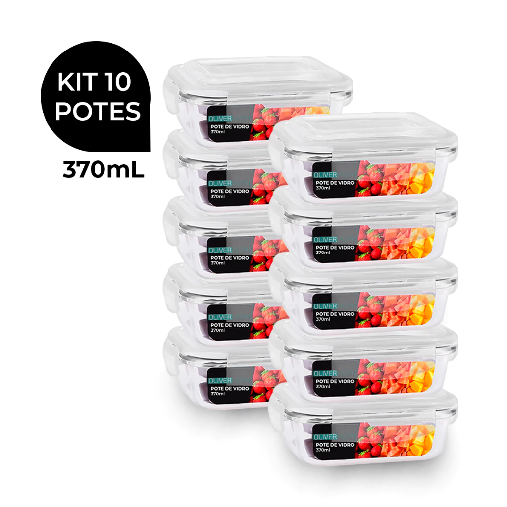 Kit 10 Potes de Vidro 370ml Hermético Marmita Fit